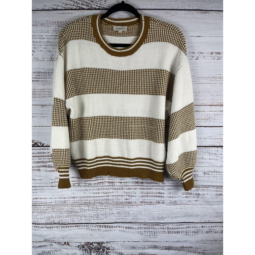 Naf Naf Sweater Women's XS Brown White Striped Cotton Blend Knit Pullover